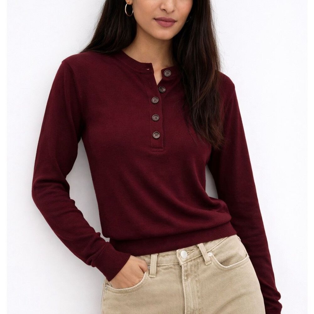 Evereve Good American Tissue Henley Burgundy Size Xs